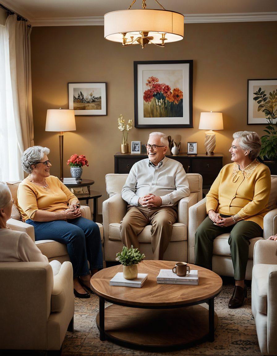An elegant scene depicting senior adults in a cozy, modern living room setting, engaging in a lively discussion, showcasing their confidence and embracing sexuality with warmth and humor. The background includes elements that suggest intimacy and sophistication, like soft lighting and tasteful decor. The participants are diverse in appearance, reflecting various backgrounds and celebrating their individuality. The overall vibe should exude positivity, acceptance, and vibrancy. super-realistic. warm colors. inviting atmosphere.