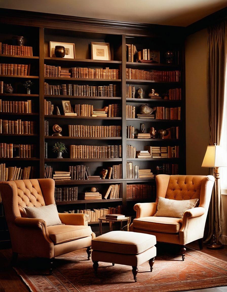 A tasteful and artistic depiction of an elegant bookshelf filled with vintage books on adult themes, surrounded by soft lighting and a cozy armchair. In the foreground, a subtle silhouette of a mature couple engaging in a playful moment, embodying intimacy and romance without explicit content. The atmosphere should evoke a sense of curiosity and exploration. soft focus. warm tones. vintage style.
