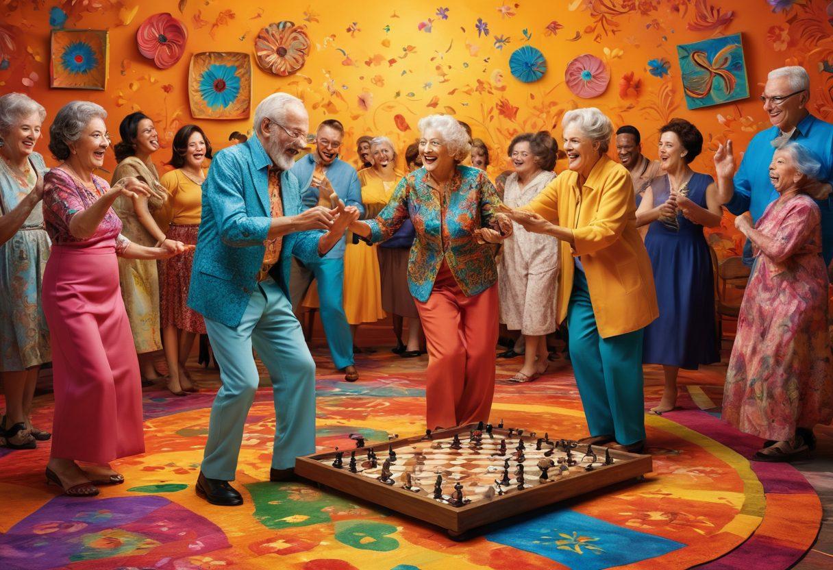 A vibrant and colorful collage depicting elderly adults engaged in various entertainment activities, such as dancing, painting, playing games, and enjoying music. Include elements that represent diversity, like multicultural attire and instruments. Set against a lively backdrop with soft lighting that conveys warmth and joy. Incorporate whimsical patterns that reflect creativity and desire. super-realistic. vibrant colors. 3D.